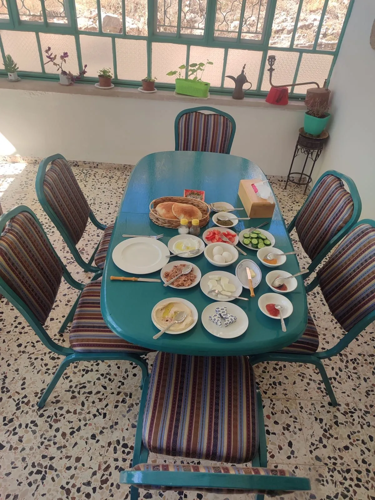 وجبة مُعدّة للضيوف في غرفة الطعام المشمسة
